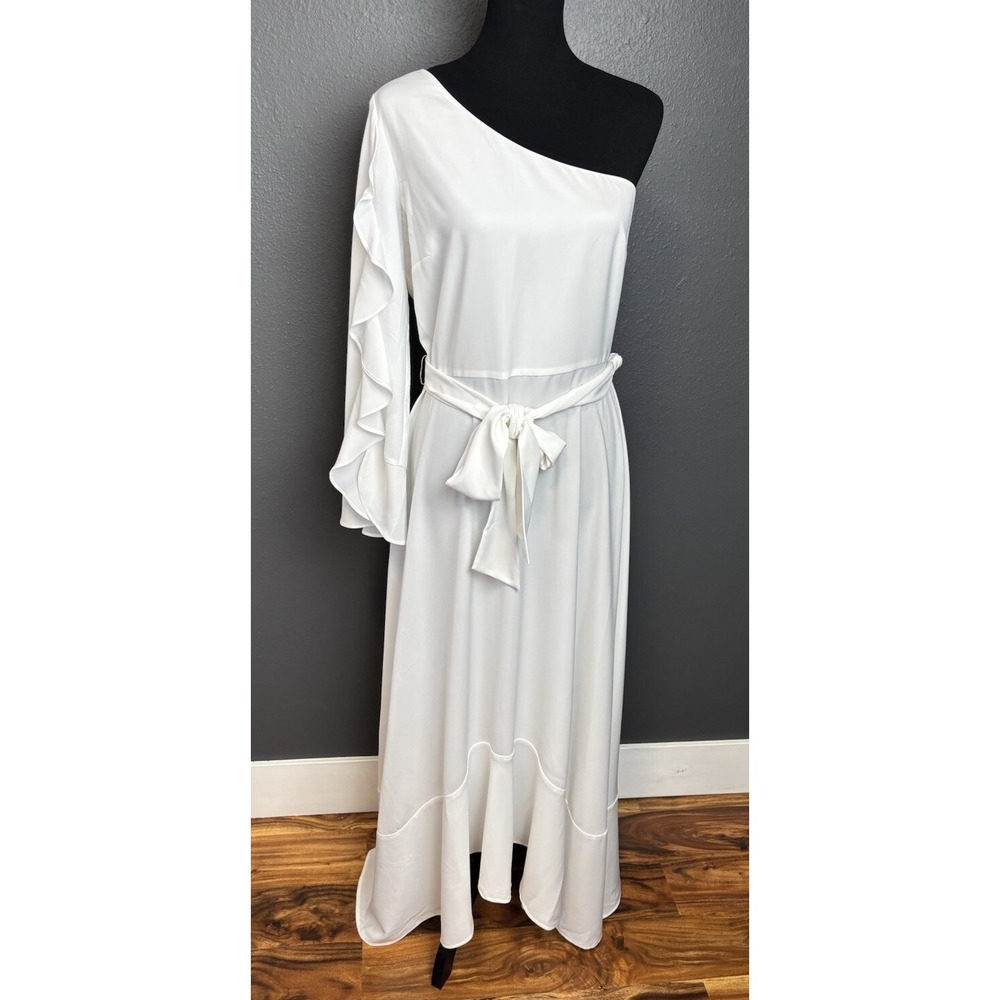 C Wonder Dress Women M White One Shoulder Ruffle Sleeve Maxi Belted Bridal New